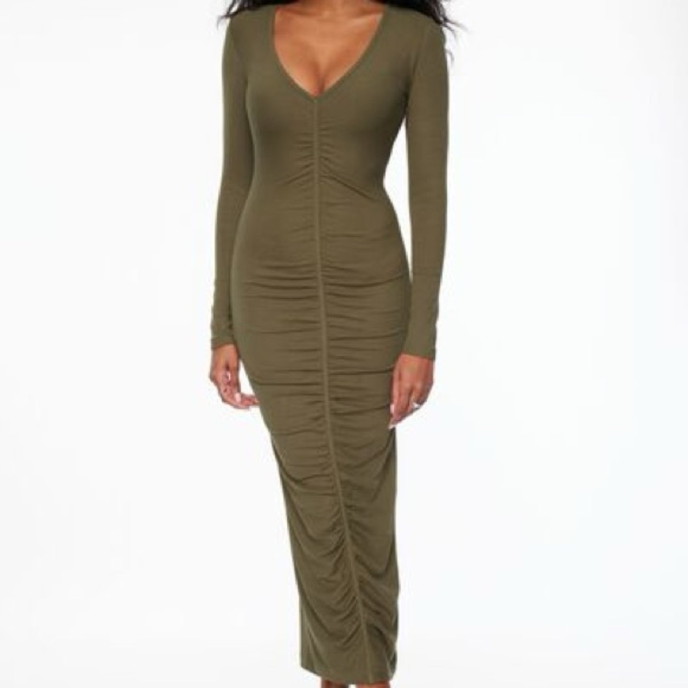 Dynamite Ruched Ribbed Long Sleeve Dress